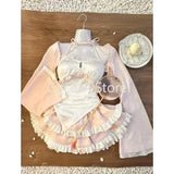 New Cute Short Cardigan Ruffles Chic Mini Cake Skirts Sweet Lolita Style Skirt Set Women Suits Female Korean Kawaii Y2k Outfit