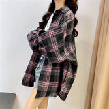 DERMEARNE Plaid Shirt Women Autumn Long Sleeve Top Female Vintage Fashion Single Breasted Blouse Ladies Preppy Style Loose Check Shirts