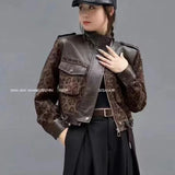 DERMEARNE Women's Fashion PU Leather Stitching Leopard Temperament Coat Women's Spring Autumn New Short Coat Casual Loose zipper Top Women