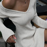Knitted Off Shoulder V Neck Mini Dress Women's Sexy High Waist Long Sleeve Dress White Knitted Sweater Dress Robe Women