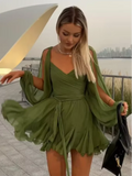 DERMEARNE 2025 Elegant Shiny Lace Up Women's Backless Ruffles Dress Chic Solid Lantern Sleeve A-line Mini Dresses New Lady Street Vestidos