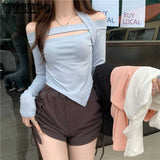 WTEMPO Sexy Off Shoulder Slim Fit T-shirt Women Solid Color Slim Fit Irregular Bottom Shirt Fashion Female Shirt Drop Shipping