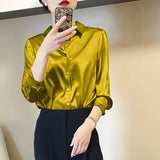 DERMEARNE All-match Satin Finish Shirts And Blouses Women Clothing Casual Top OL Long Sleeve Button Elegant Shirts French Solid Blouses
