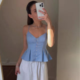 DERMEARNE ZBZA Woman's Pleated Poplin Slim Strappy Top V-neck Suspenders Single Breasted Satin Crop Top Spring Summer Female Chic Tank Top