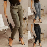 DERMEARNE 2025 New Fashion Cotton Solid Pants Women Sexy Women Pants Casual Green Pocket Belt Trousers Women Blusas