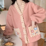 Kawaii Coral Velvet Girls Pajamas Sets Autumn Winter Warm V-neck Sleep Tops and Trousers Loungwear Suit Thick Homewear for Women