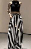 DERMEARNE Casual Retro Striped Print High Waist Wide Leg Pants Women's Fashion Loose Vintage Soft Full Length Trousers 2025 Summer