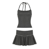 DERMEARNE Fashion Stripe Simple Halter Tops + A-Line Mini Skirts  Women’ Set Causal Design Trendy Clothing