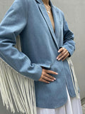 Denim Suits Jacket Flip Collar Single Button Commute Elegant Loose Casual Vintage Street Fringe Suit Top Women