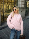 Pink Cashmere Woolen Loose O Neck Knitted Pullover 2024 New Solid Loose Long Sleeve Knit Sweaters Autumn Winter Streetwear Pull