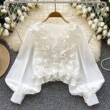 DERMEARNE 2025 New Vintage Shirts Women American Fashion Tops Casual Loose Solid V-neck Blouse Chic Lantern Long Sleeve Ruffles Tunic