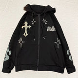 Dermearne European and American Autumn/Winter Hoodie Embroidered Cross Flame Coat Plush Couple Loose Top Sweater