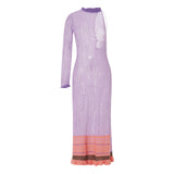 DERMEARNE Crochet Knitted Dress for Women Contrast Hollow-Out See-Through One Shoulder Long Sleeve Beach Dress Bikini Cover-Ups