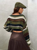 Women's Stripe Hollow Out Fishnet Sweaters Smock Crop Tops Women Fairycore Oversize Sweater