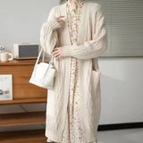 Women Autumn Thicken Knit Long Cardigan Coat With Pockets Lantern Sleeve Warm Loose Wome Causal Sweater Jacket Winter