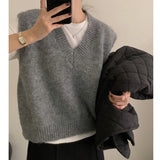 Dermearne Women V-Neck Knit Office Sweater Vest Loose Casual Pullovers Vest Bottoming Solid Sweater Vest For Women 2024 Fall Winter