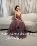 Xijun Elegant Tulle Evening Dresses Sleeveless V-Neck Spaghetti Strap A-Line Pleat Ruched Saudi Arabic Prom Dress Celebrity Gown
