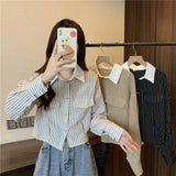 DERMEARNE Contrast Striped Patchwork Short Blouse Spring New Polo Neck Long Sleeve Loose Fashion Shirt Tops Office Casual Women Clothing