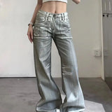 Jeans Silver White Dirty Fit Leg Low Women Baggy American Vintage Wide Waist Jeans Y2k Style Destroy Wash 2024 New Denim Pants
