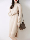 Women's Sweater Dress 100% Merino Wool Knitwear Mock Neck Pullover Cashmere Split Solid Soft Basic Autumn Winter Skirts Clothing