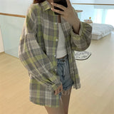 DERMEARNE Plaid Shirt Women Autumn Long Sleeve Top Female Vintage Fashion Single Breasted Blouse Ladies Preppy Style Loose Check Shirts