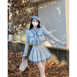 Small Fragrance Blue Tweed Coat Elegant Pink Tassel Jacket Short Pleated Skirts Woolen 2 Piece Sets Crop Blazers Tops Autumn