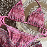 DERMEARNE Knitbikini Set Of Three Sexy Striped Swimwear Middle Age Polyester Fiber Beach Style Printed Knitted Bikini