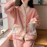 Kawaii Coral Velvet Girls Pajamas Sets Autumn Winter Warm V-neck Sleep Tops and Trousers Loungwear Suit Thick Homewear for Women