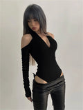 Vintage Off Shoulder Hollow-out Slim Bodycon Jumpsuit Sexy V-neck Y2K Halter Long Sleeve Body Tops Club Outwear Bodysuits Women