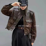 DERMEARNE Women's Fashion PU Leather Stitching Leopard Temperament Coat Women's Spring Autumn New Short Coat Casual Loose zipper Top Women