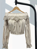 DERMEARNE Women Off Shoulder Shirt Blouse Lace Ruffle Cropped Top Lantern Sleeve Autumn Elegant Casual Retro Ethnic Sweet Blouse Shirts