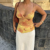 DERMEARNE Women Summer Vintage y2k Aesthetic Crop Tops Floral Print Boho Sleeveless Spaghetti Strap Mesh See Through Coquette Tanks Camis