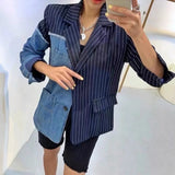 Spring Autumn Women Striped Denim Spliced Suits Jacket Jeans Patchwork Blazers Coat OL Turn Down Collar Irregular Cardigan Tops