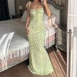 DERMEARNE Summer Long Dress For Women 2025 Spaghetti Strap Floral Print Slim Bodycon Beach Vestidos