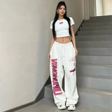 DERMEARNE Korean Y2K Streetwear White Jogging Sweatpants Women Harajuku Sports Pants Oversized Hip Hop Letter Wide Leg Trousers