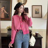 Y2k Pink Women Cardigan Korean Sweet Plaid Long Sleeve Female Sweaters Harajuku New O Neck Preppy Style Ladies Tops