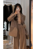 Woman's Autumn/winter British Style Short Blazer Coat Wide-leg Pant Set Retro Casual Solid Color Loose Suit Pants Two-piece