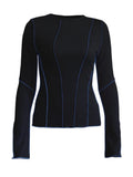 DERMEARNE Women Patchwork T-Shirts Chic Casual Long Flare Sleeve Round Neck Knitted Ribbed Tees Shirts Spring Autumn Street Top