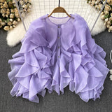 DERMEARNE French Style Loose-Fit Women's Blouse With Button Casual Long Sleeve Top For Spring And Autumn Round Neck Irregular Leaf Pattern