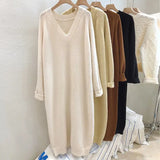 Size  High Quality Sweater Dress for Women Solid Color V Neck Pullover Thick Autumn and Winter Long Dress