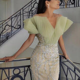 Xijun Luxury Crystal Beadings Sequined Mermaid Evening Dresses V-Neck Saudi Arabic Prom Dress Wedding Party Gown 2023