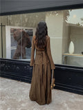 Women's Brown Skirt Sets Vintage High Waist A-Line Long Skirt and Off Shoulder Shirt Slim Vintage Y2k 90s Elegant 2000s Clothes