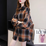 DERMEARNE Plaid Shirt Women Autumn Long Sleeve Top Female Vintage Fashion Single Breasted Blouse Ladies Preppy Style Loose Check Shirts