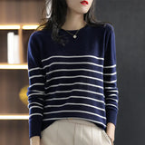 Pure Cotton Line Stripe Pop Sweater Women's Spring And Autumn Blouse Round Neck Knit Loose Inside With Outside Wear Bottom SMY18