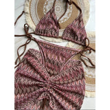 DERMEARNE Knitbikini Set Of Three Sexy Striped Swimwear Middle Age Polyester Fiber Beach Style Printed Knitted Bikini