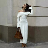 Autumn Winter Knitted Maxi Dress Women Sexy Off The Shoulder Slim Sweater Dresses Elegant Long Sleeve Solid Basic Party Dress