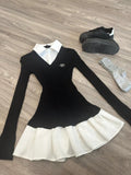 DERMEARNE 2025 New Fashion Women's Fake Two Piece Shirt Spliced Knitted Dress Sweet Spicy Girl Contrast Color Slim Fit Waist Mini Dress