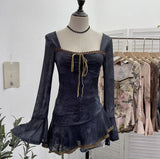 DERMEARNE Women's Retro Chic French Square Neck Lace-Up Bell Sleeve Long Sleeve Top Personalized Smudged Print Irregular Hem Sweety Shirt