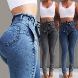 DERMEARNE Fashion Belted High Waist Skinny Jeans Women Slim Tassel Waistband Stretch Denim Long Pencil Pants Jeans