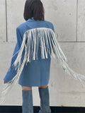Denim Suits Jacket Flip Collar Single Button Commute Elegant Loose Casual Vintage Street Fringe Suit Top Women